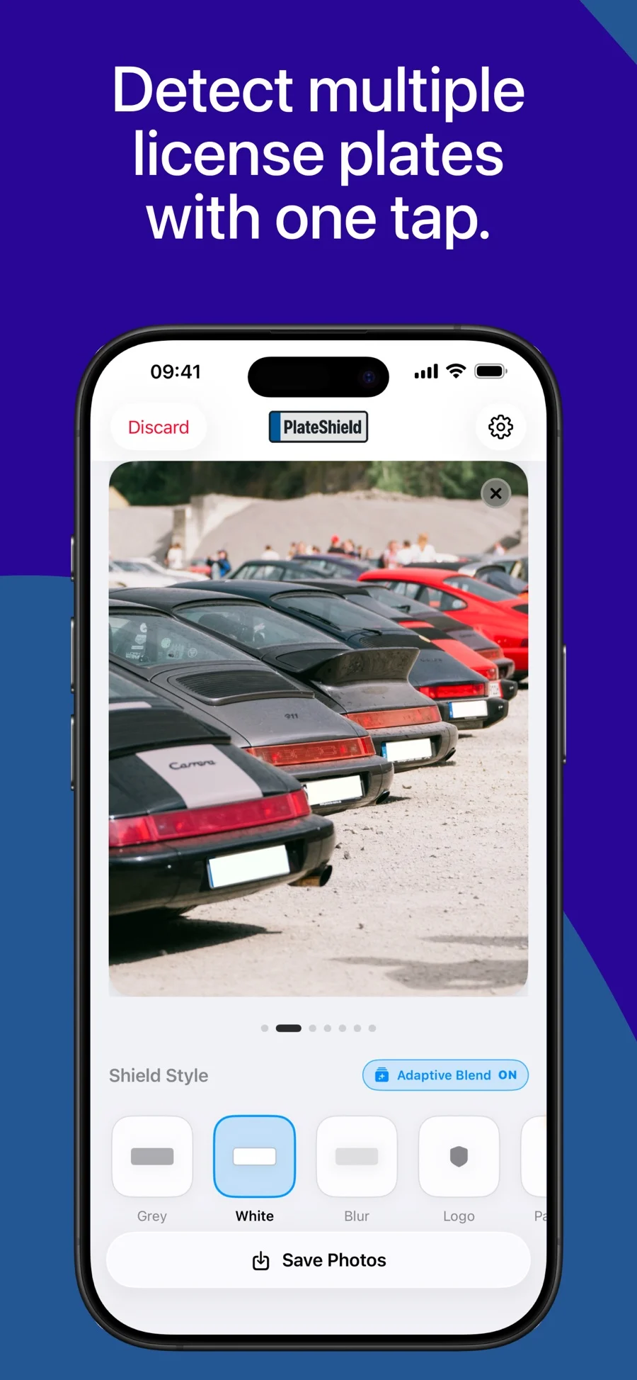 PlateShield’s editor detecting multiple plates in a Porsche photo, with White selected and Adaptive Blend enabled
