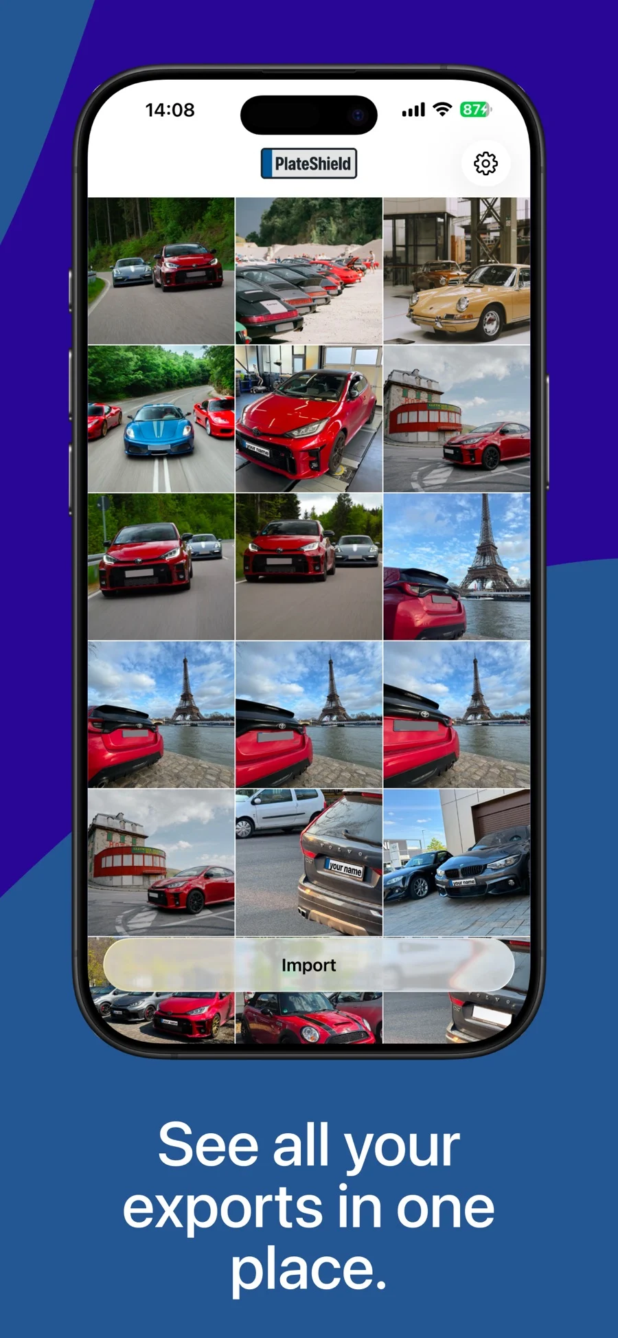 PlateShield’s gallery showing a grid of saved car photos and the Import button